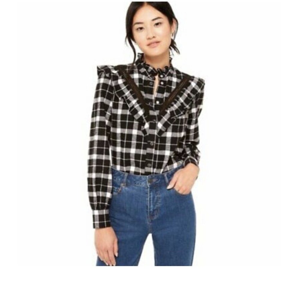 Kate Spade Flannel Plaid Button Up Shirt Ruffle Rustic Country Women XS New